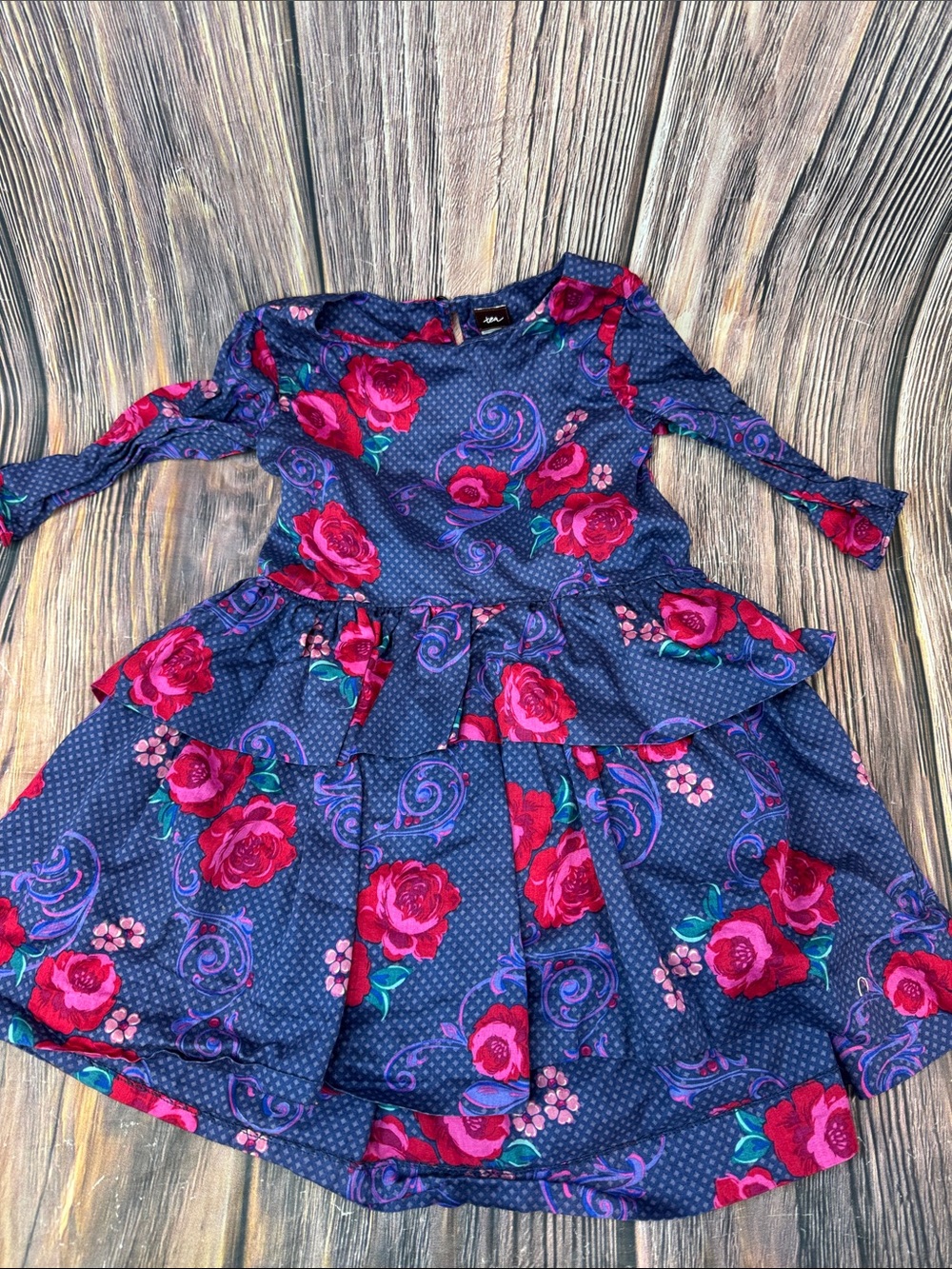Tea Collection Navy/ Purple Floral Tiered Dress with Pink Roses